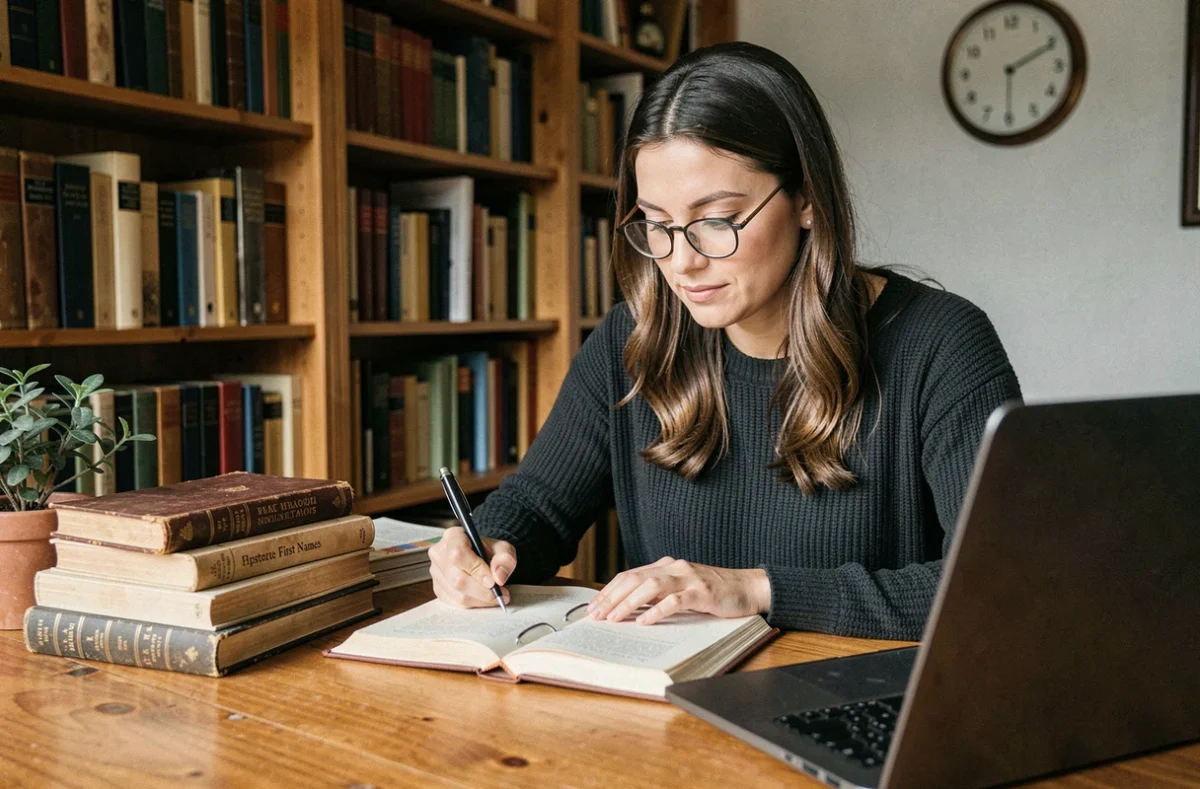 Femme prenant des notes dans un carnet entourée de dictionnaires et de livres anciens de prénoms dans une bibliothèque à domicile