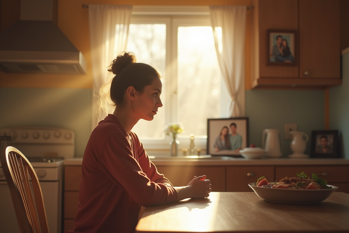 Femme assise seule a la cuisine en pleine reflexion