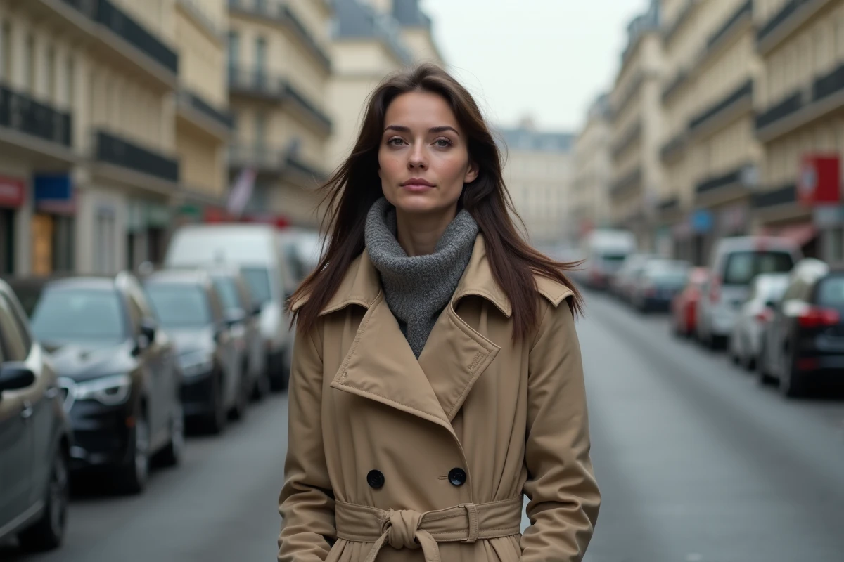 Jeune femme dans la rue à Paris en trench et écharpe