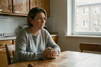 Femme seule à une table de cuisine, regard perdu dans le vide, illustrant la solitude émotionnelle après une infidélité