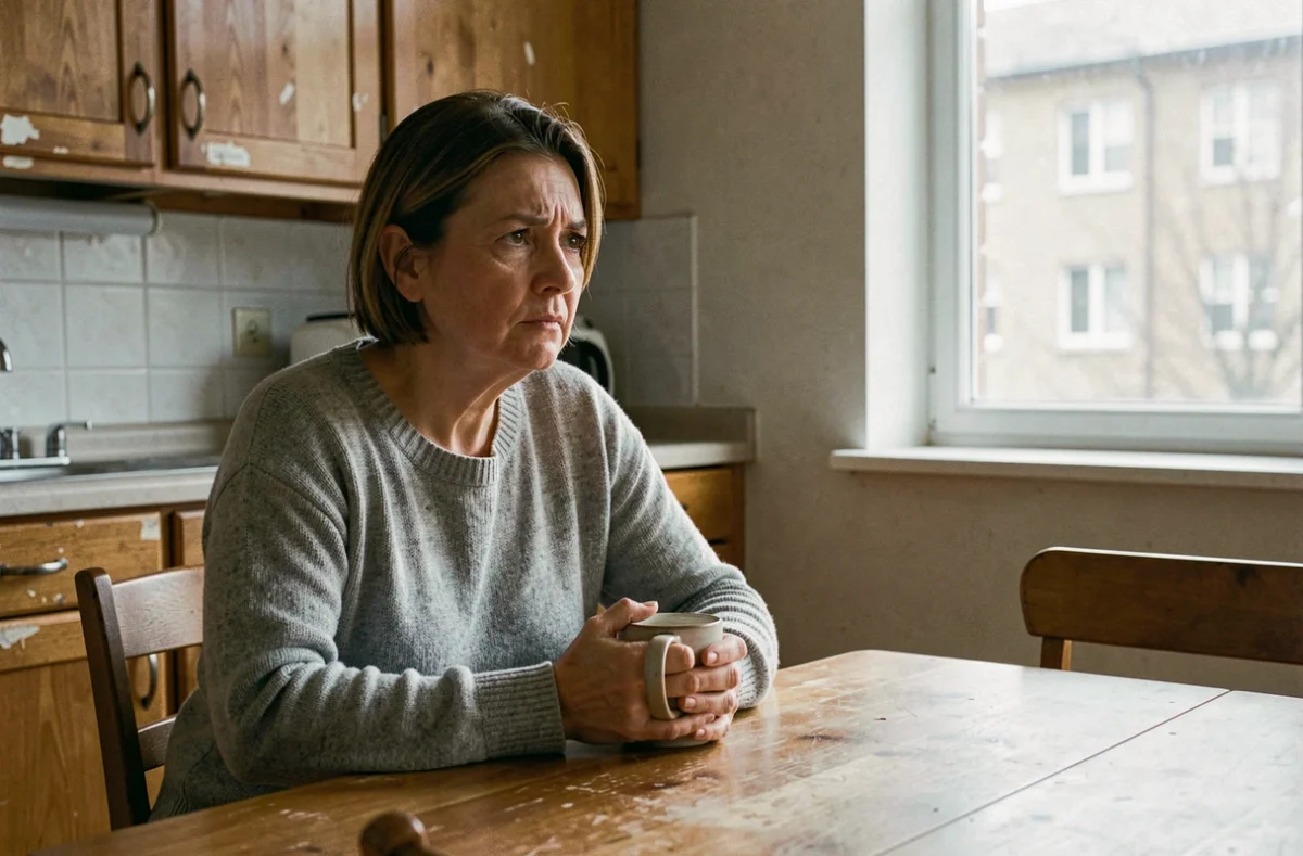 Femme seule à une table de cuisine, regard perdu dans le vide, illustrant la solitude émotionnelle après une infidélité