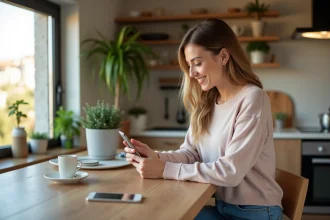 Femme souriante utilisant une application familiale sur smartphone dans une cuisine chaleureuse