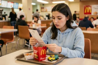 Jeune femme consultant un ticket de caisse McDonald's devant un Happy Meal dans un restaurant fast food