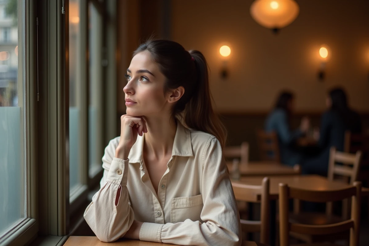Femme réfléchissant seule dans un café parisien, illustrant le respect de la vie privée