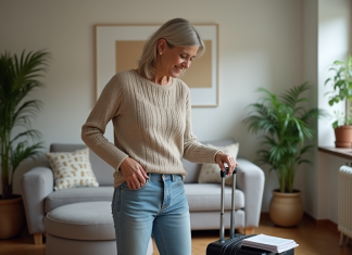 Enlever le stress du voyage : astuces et conseils pratiques pour partir sereinement Femme d'âge moyen préparant sa valise dans un salon cosy