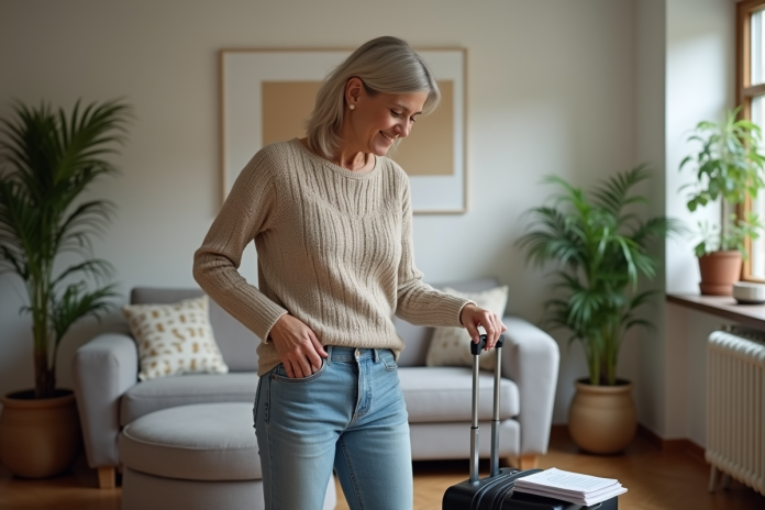 Femme d'âge moyen préparant sa valise dans un salon cosy