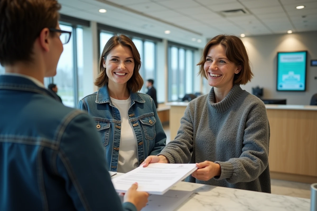Deux femmes souriantes remettant un document à la mairie
