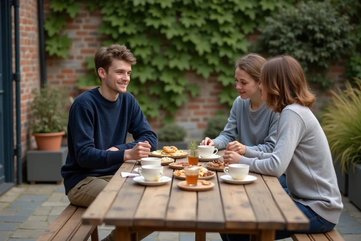 Jeune homme fêtant ses 18 ans en petit comité autour d'un goûter convivial dans un jardin privé avec des amis