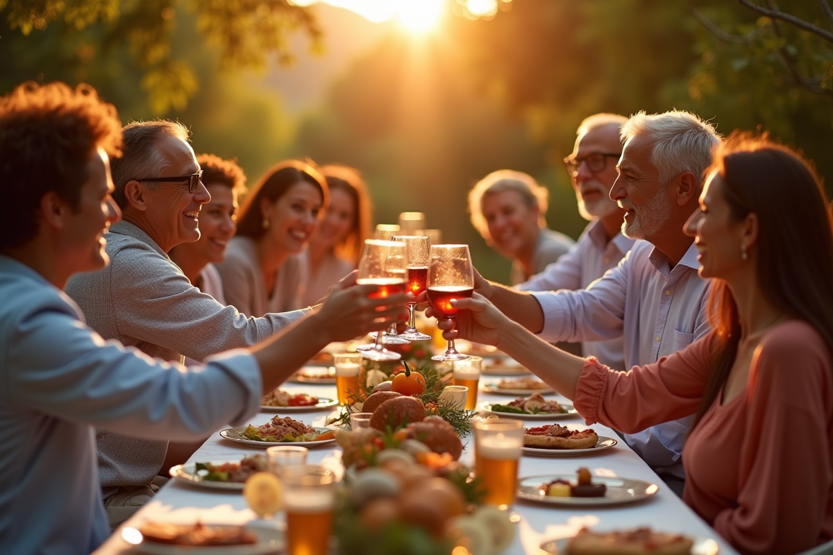 Fête anniversaire en plein air avec famille de différentes cultures partageant un repas