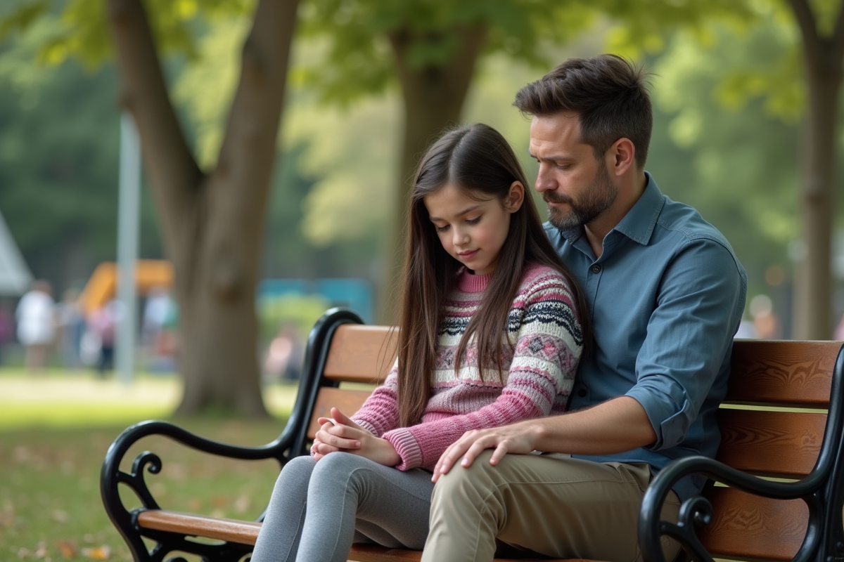 Fille pensif dans un parc avec un professeur