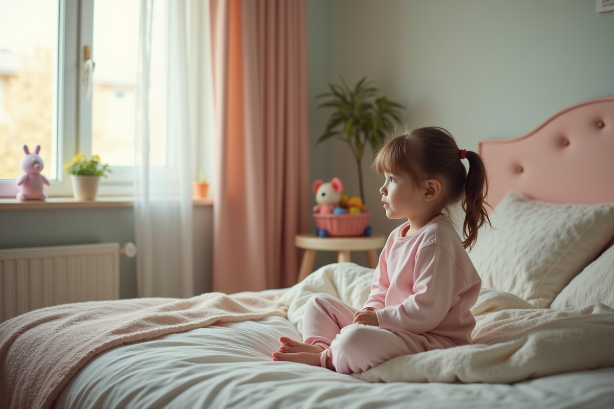 Fille autiste assise sur son lit regardant par la fenêtre