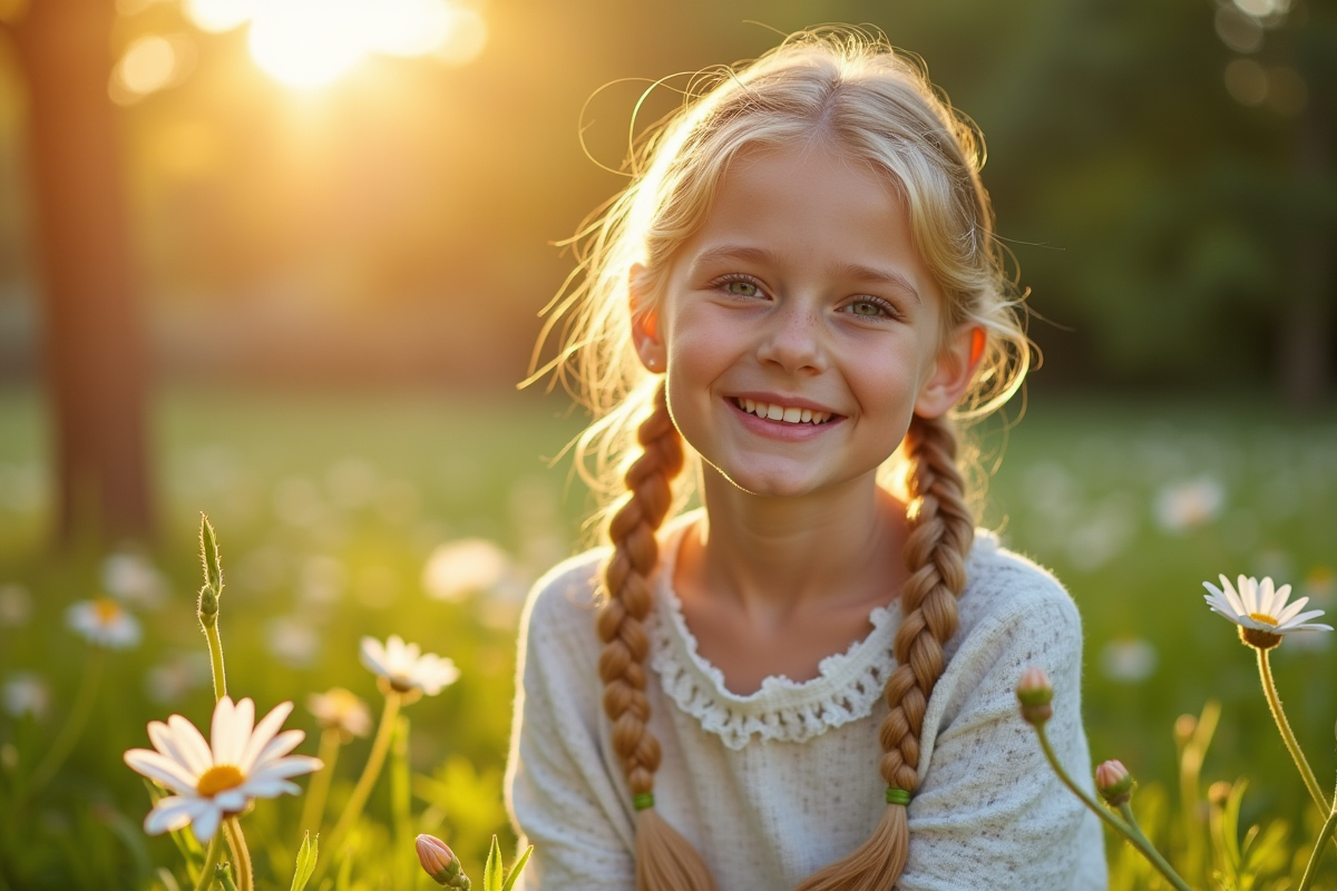 Fille souriante assise dans un parc en pleine nature