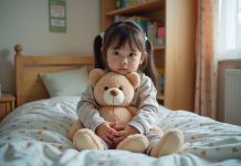 Enfant de 10 ans : troubles du sommeil à résoudre facilement Fille de 10 ans dans son lit en pyjama câlant un ours en peluche