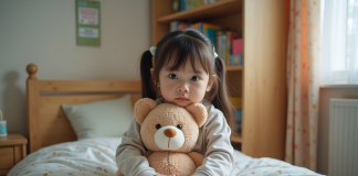 Fille de 10 ans dans son lit en pyjama câlant un ours en peluche