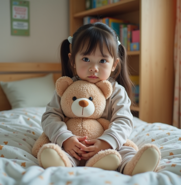 Fille de 10 ans dans son lit en pyjama câlant un ours en peluche