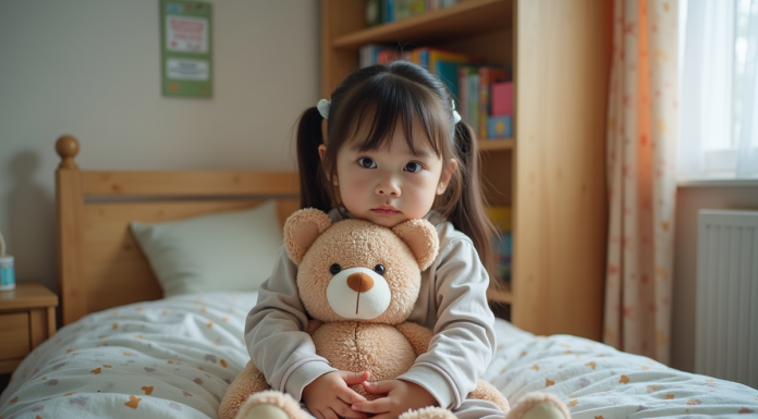 Enfant de 10 ans : troubles du sommeil à résoudre facilement Fille de 10 ans dans son lit en pyjama câlant un ours en peluche