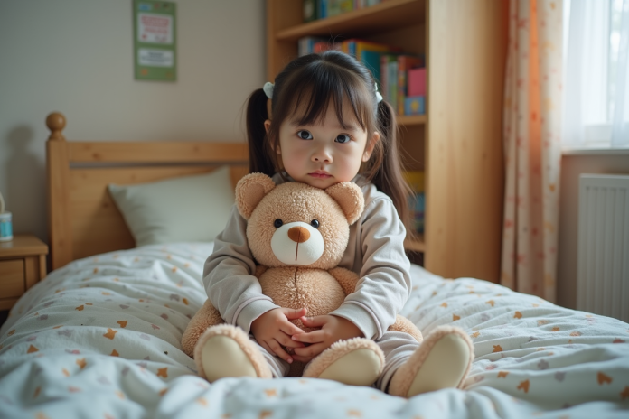 fille-dans-son-lit-pyjama Fille de 10 ans dans son lit en pyjama câlant un ours en peluche