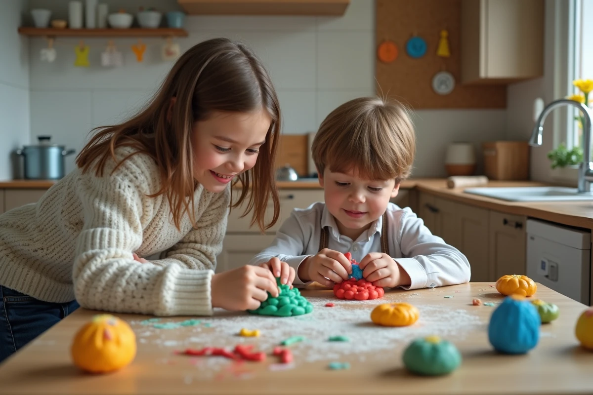 Fille et frère façonnant de la pâte à modeler dans la cuisine