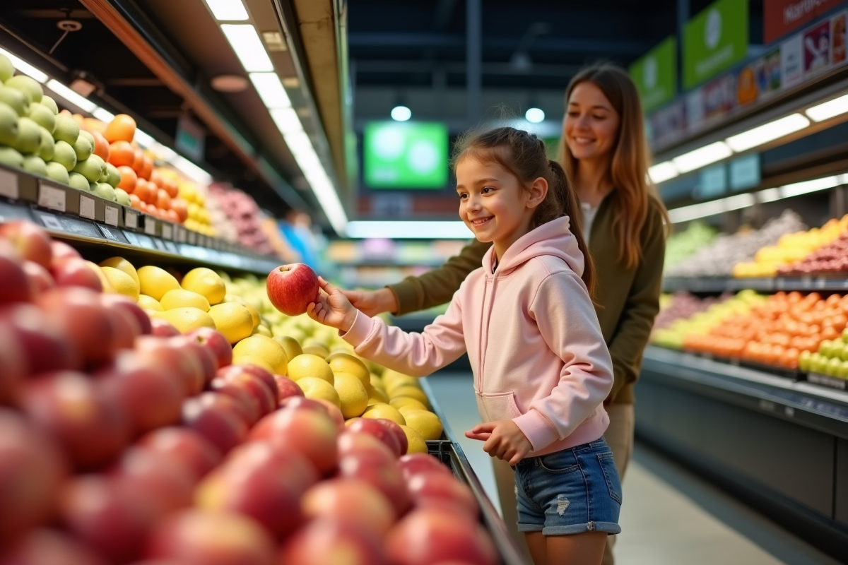 Fille de 10 ans choisissant des pommes en supermarché