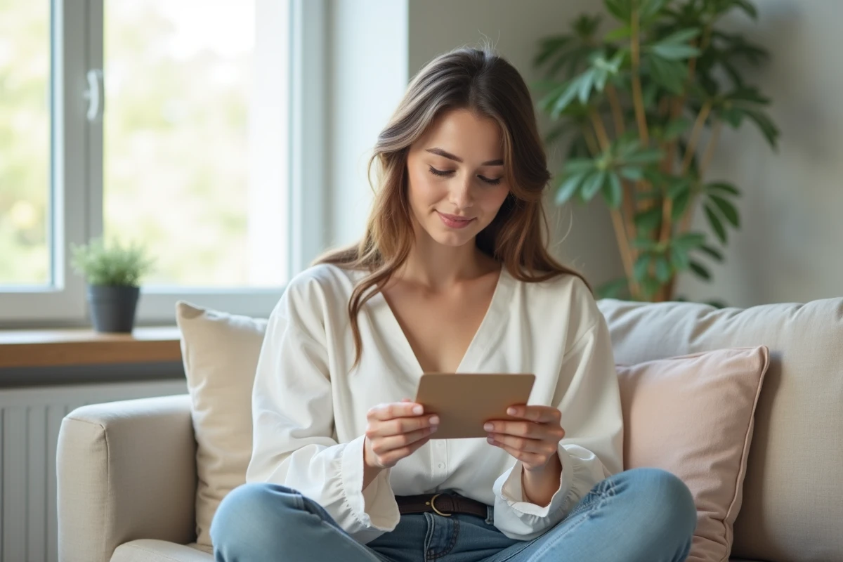 Jeune femme lisant avec émotion une carte citation offerte par sa marraine dans un salon minimaliste