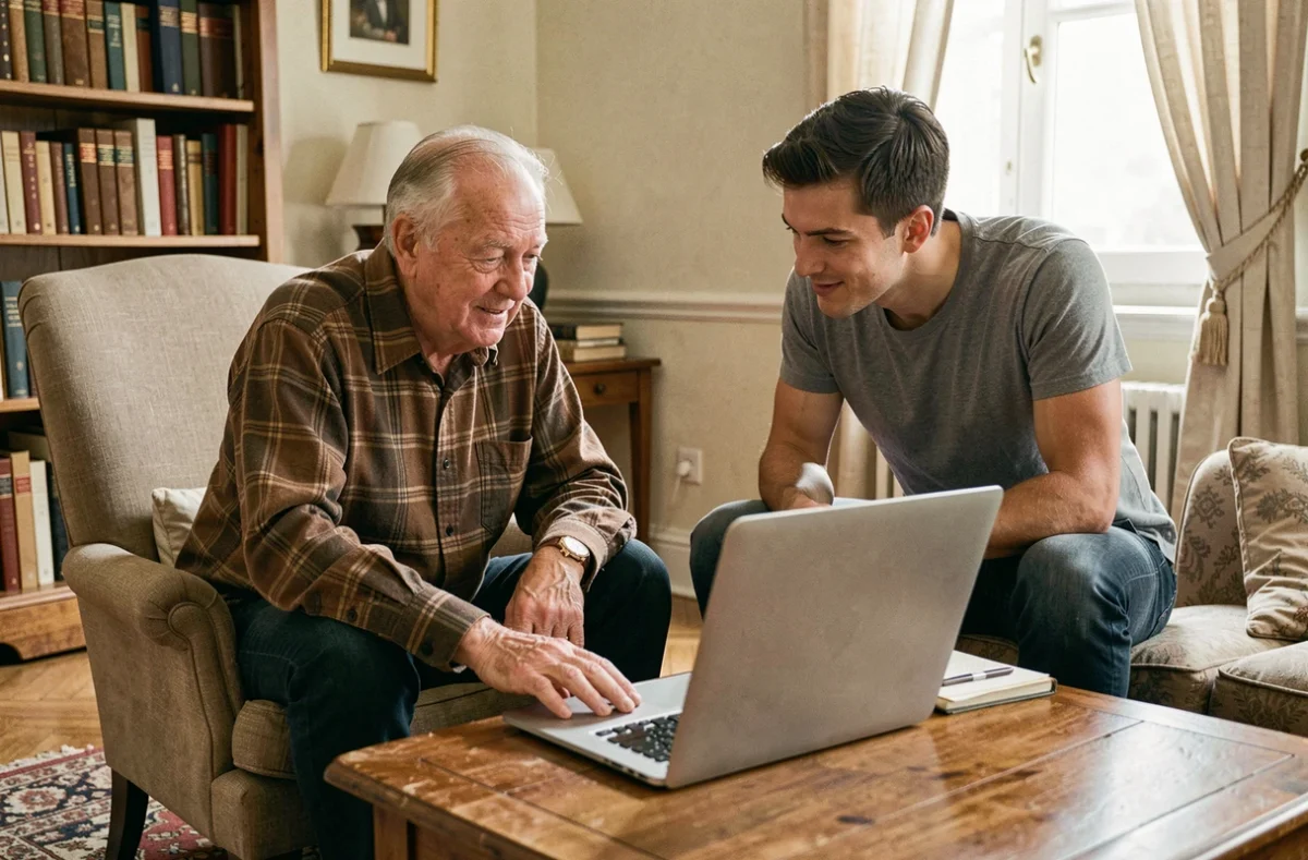 Un fils aidant son père âgé à comprendre la gestion de ses finances en ligne, dans un salon familial, pour illustrer l'habilitation familiale et la protection des personnes vulnérables