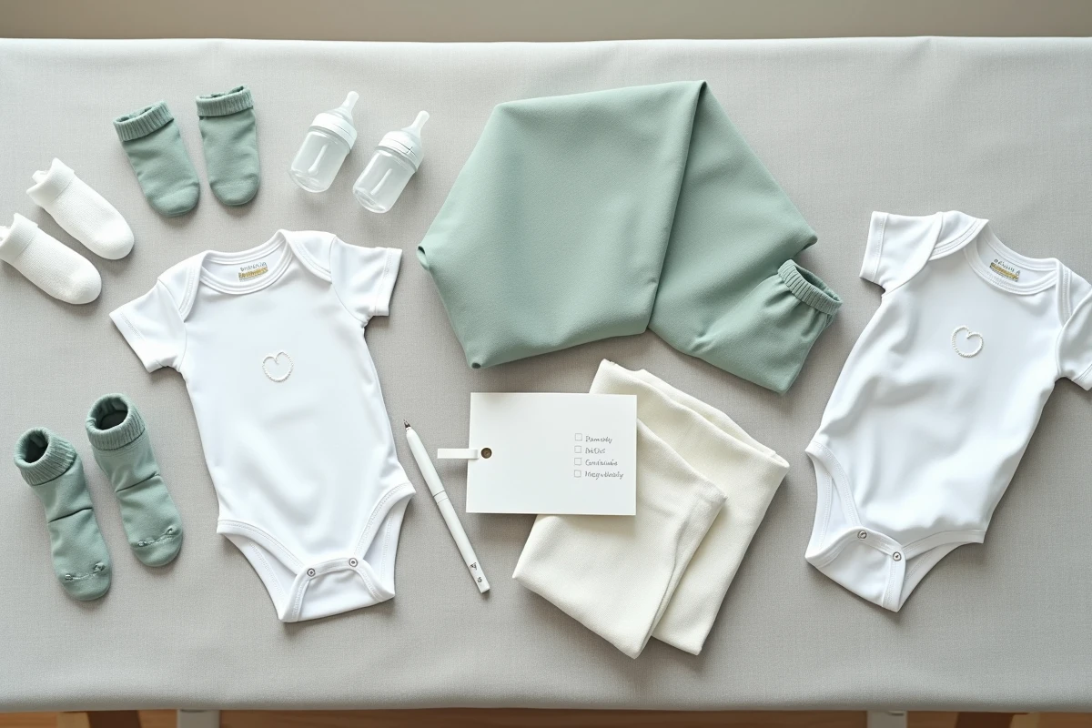 Flat lay d'articles essentiels pour jumeaux nouveau-nés en double exemplaire disposés autour d'une liste de naissance minipouce manuscrite sur fond lin gris