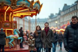 Carrousel coloré de la Foire aux Manèges de Lille entouré de familles en manteaux d'hiver sur les pavés de la place