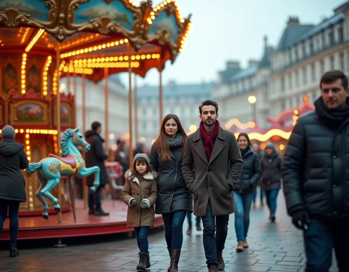 Carrousel coloré de la Foire aux Manèges de Lille entouré de familles en manteaux d'hiver sur les pavés de la place