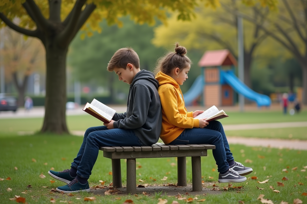 Deux adolescents lisant dans un parc en été