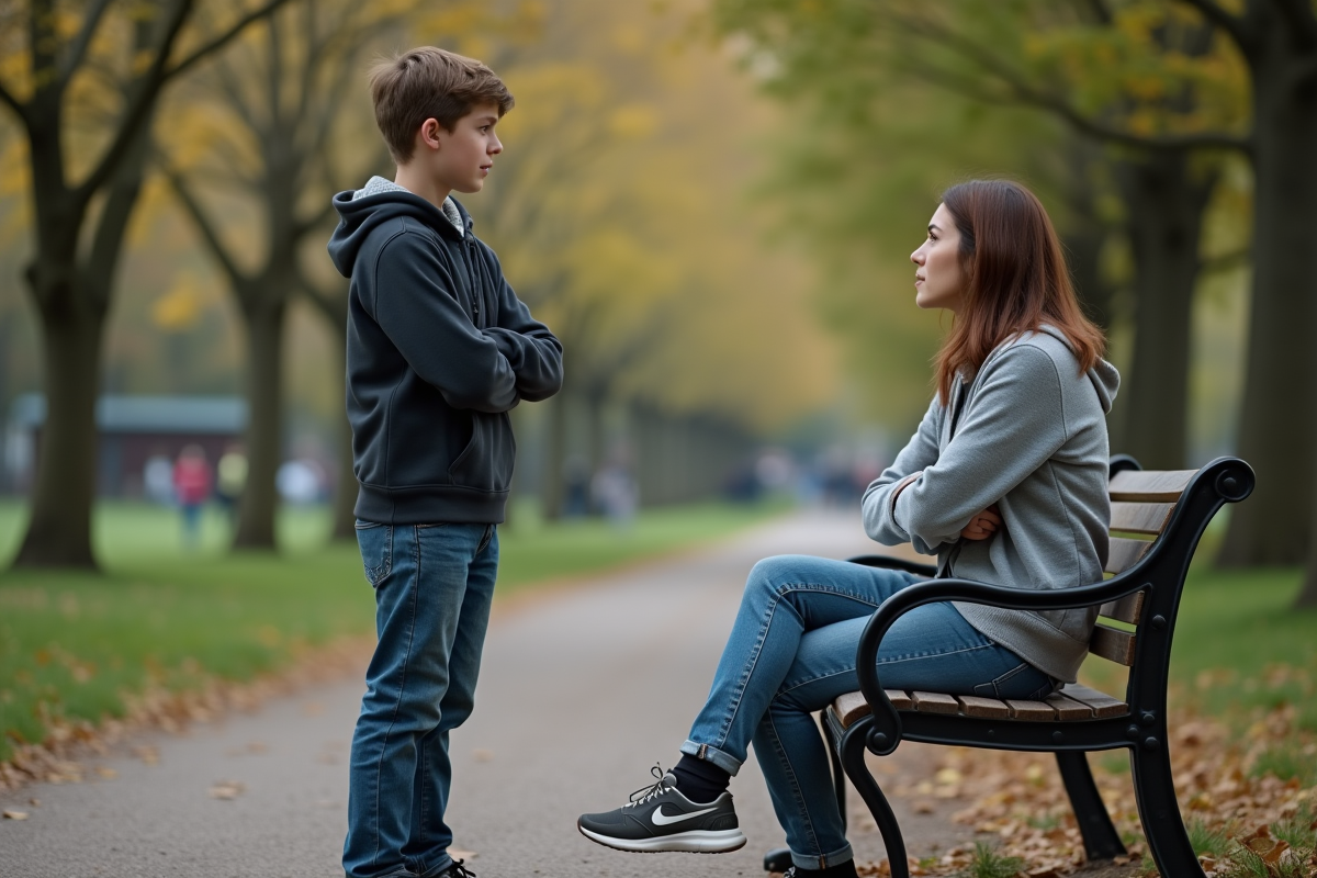Garçon de 16 ans discutant avec sa mère dans un parc