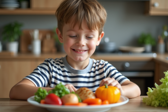 Garçon de 7 ans souriant avec assiette de légumes colorés