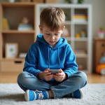 Garçon de 10 ans avec hoodie bleu utilisant un smartphone