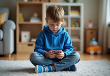 Garçon de 10 ans avec hoodie bleu utilisant un smartphone