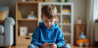 Garçon de 10 ans avec hoodie bleu utilisant un smartphone