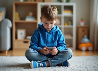 Garçon de 10 ans avec hoodie bleu utilisant un smartphone