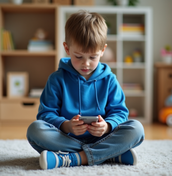 Smartphones enfants : la surveillance parentale est-elle essentielle ? Garçon de 10 ans avec hoodie bleu utilisant un smartphone