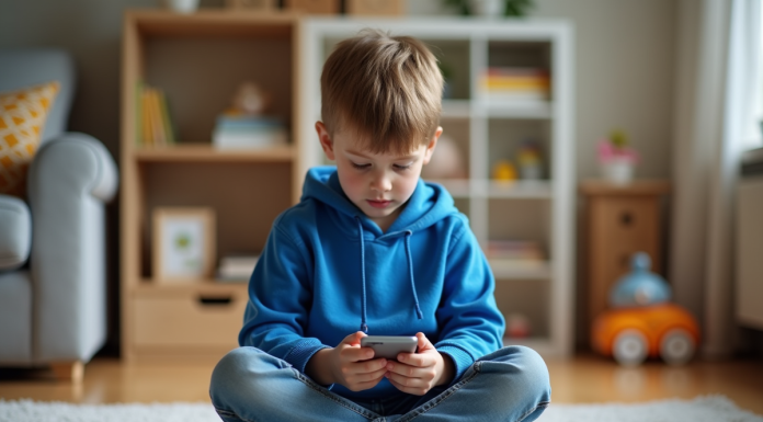 Garçon de 10 ans avec hoodie bleu utilisant un smartphone