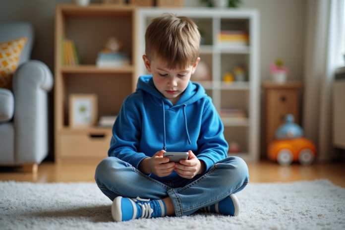 Garçon de 10 ans avec hoodie bleu utilisant un smartphone