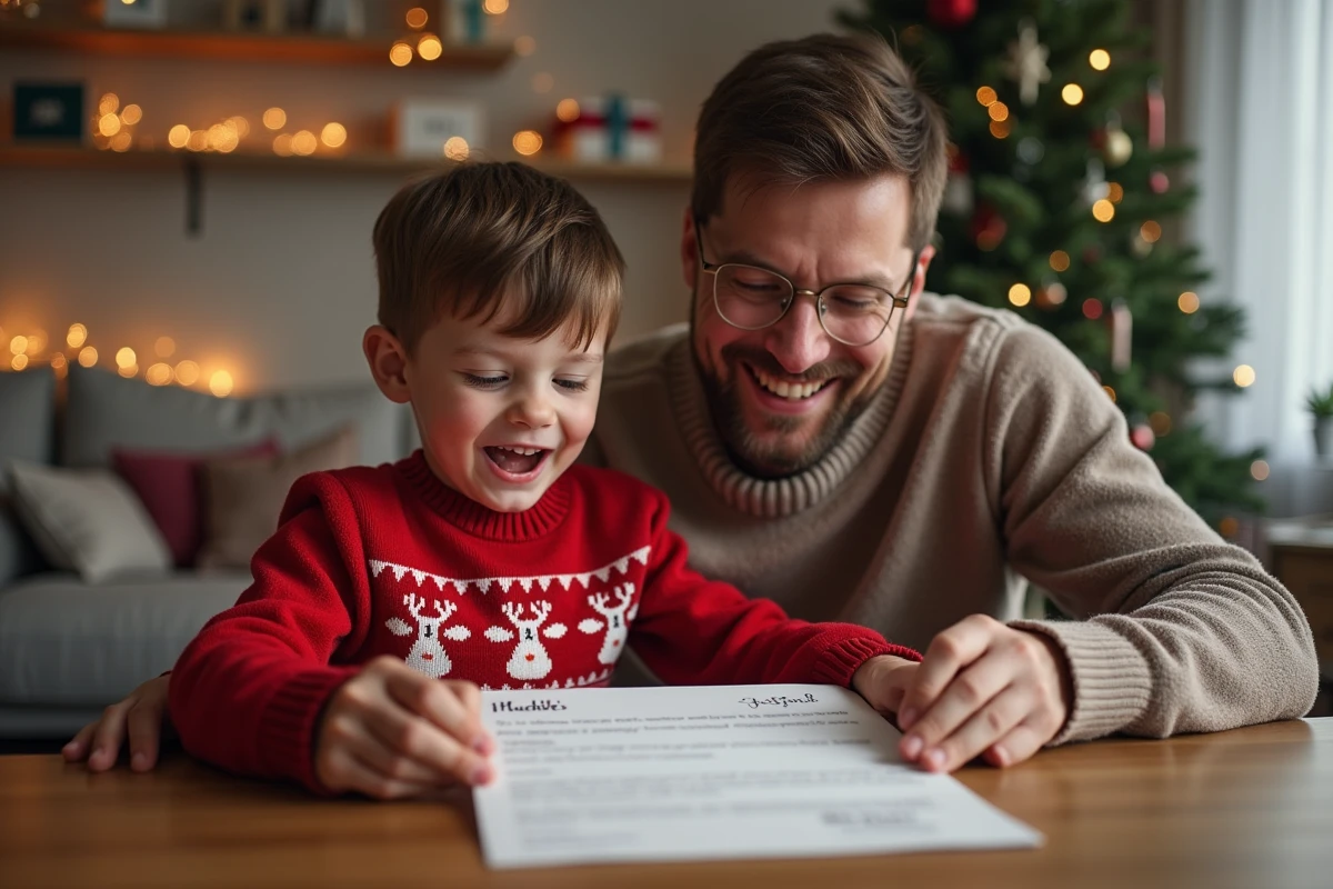 Garcon et son père lisant une lettre de Santa ensemble
