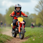 Les meilleures activités avec une moto piwi pour enfants Garçon de sept ans souriant en motocross sur un terrain en plein air