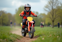 Les meilleures activités avec une moto piwi pour enfants Garçon de sept ans souriant en motocross sur un terrain en plein air