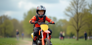 Garçon de sept ans souriant en motocross sur un terrain en plein air