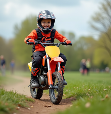 Les meilleures activités avec une moto piwi pour enfants Garçon de sept ans souriant en motocross sur un terrain en plein air