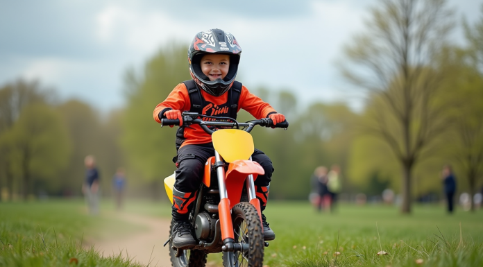 Les meilleures activités avec une moto piwi pour enfants Garçon de sept ans souriant en motocross sur un terrain en plein air