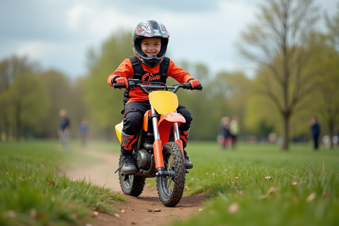 garcon-motocross-enfant-plein-air Garçon de sept ans souriant en motocross sur un terrain en plein air