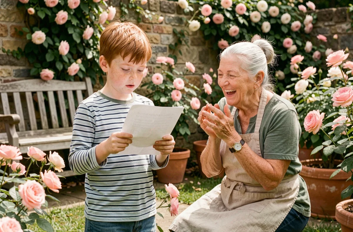 Garçon lisant un poème à sa grand-mère dans un jardin fleuri