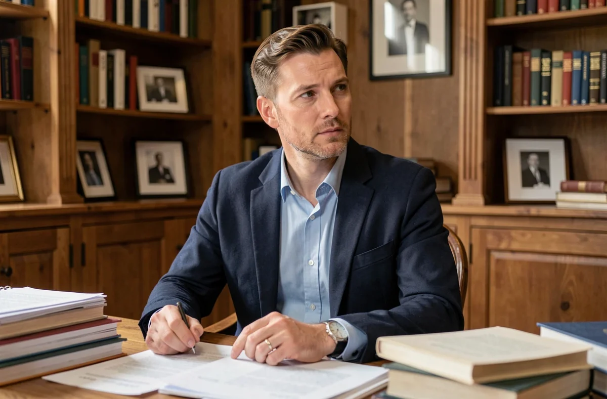 Portrait d'un homme élégant dans la quarantaine assis à son bureau dans un bureau chaleureux rempli de livres, évoquant la vie privée et professionnelle d'un personnage public