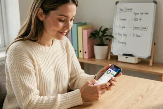 Jeune femme enceinte gérant son budget bébé sur une application smartphone depuis son bureau à domicile
