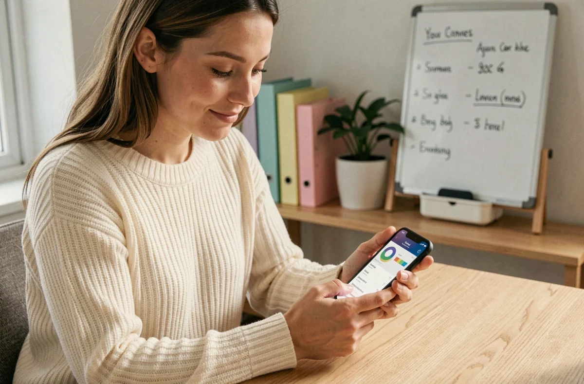 Jeune femme enceinte gérant son budget bébé sur une application smartphone depuis son bureau à domicile