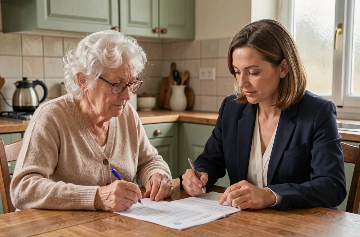 Une femme âgée et sa fille adulte examinent ensemble des documents bancaires à la table de cuisine, illustrant la gestion des finances d'un proche fragile